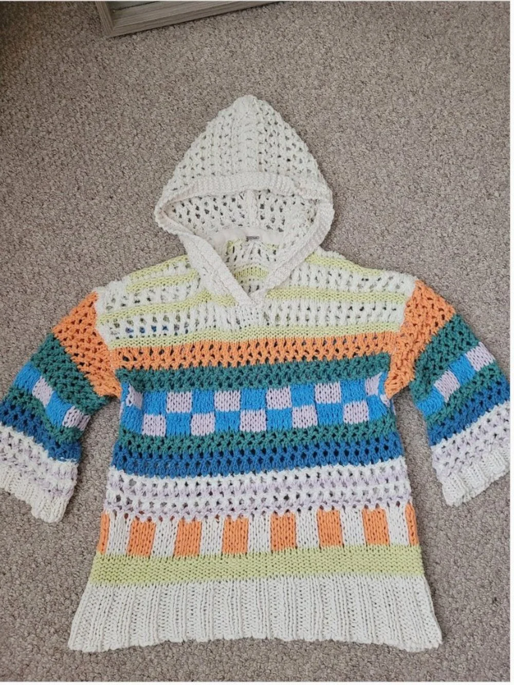 Free People Crochet Knit Hoodie Pullover Geometric Multicolor size XS/S